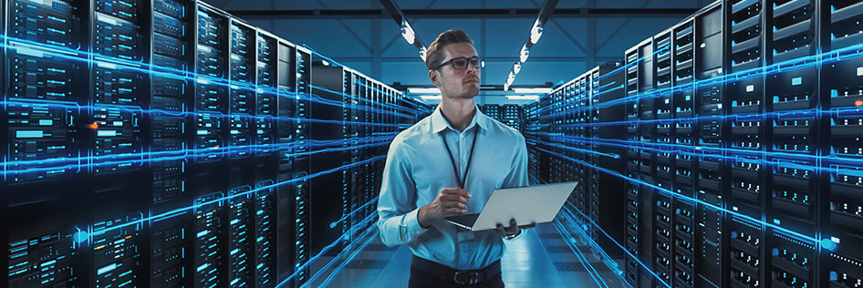 Artificial intelligence expert runs formulas while walking through a data centre.